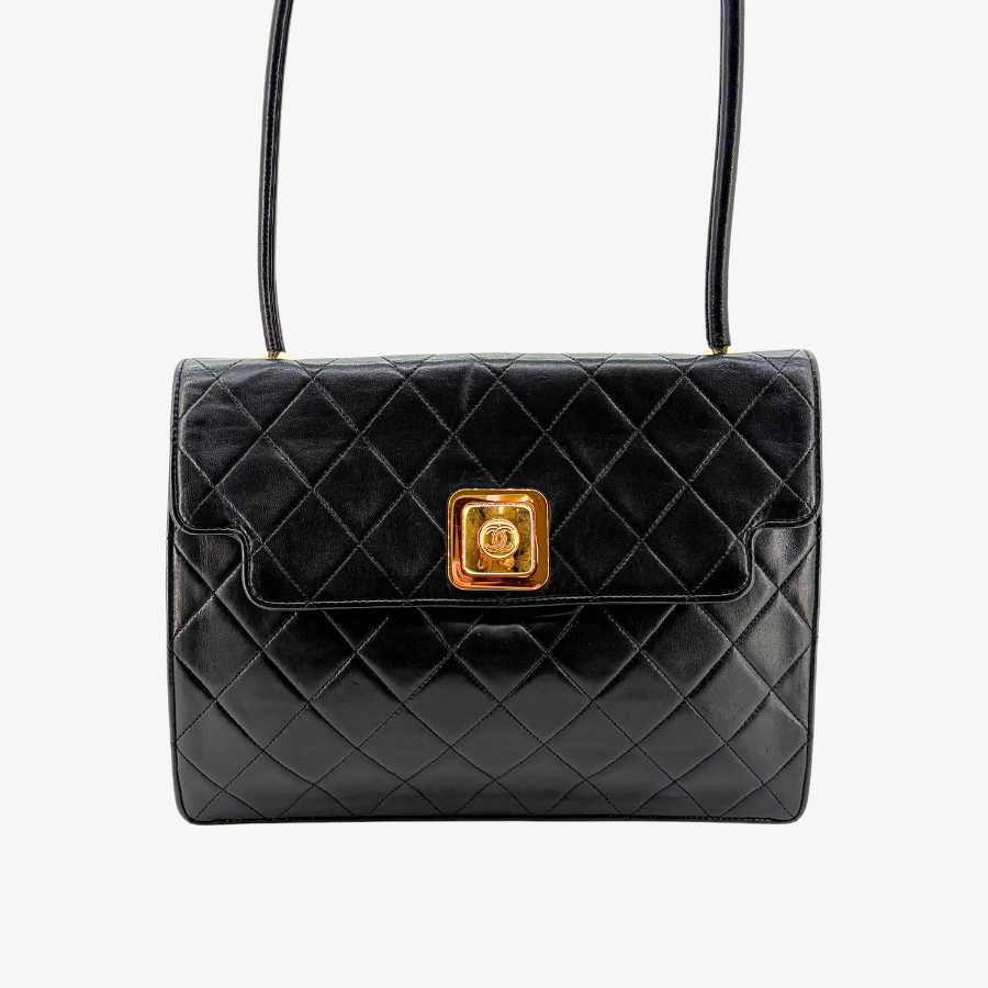 JZ499 - CHANEL Vintage Black Lambskin Coco Mark Botton Shoulder