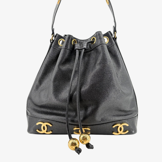 CS016 - CHANEL Vintage Black Caviar Leather Gold Ball Bucket Bag