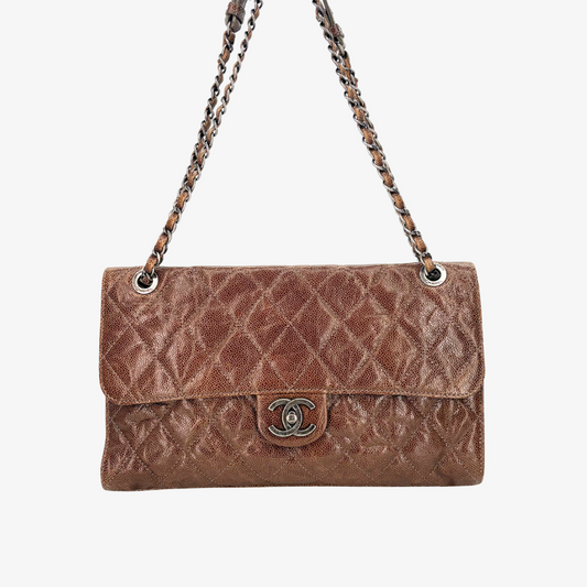 RG257 - CHANEL Vintage Brown Caviar Leather Crumpled Grained CC Flap Bag