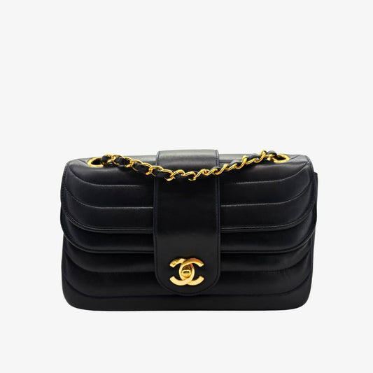 KA748 - CHANEL Vintage Black Lambskin Horizontal Stripes Flap Bag