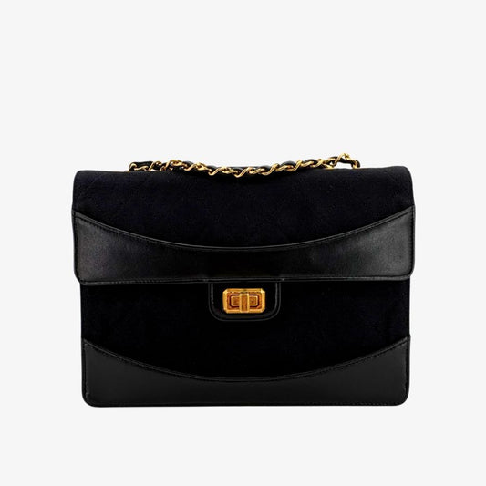 JZ389 - CHANEL Vintage Black Cotton & Lambskin 2.55 Flap Bag