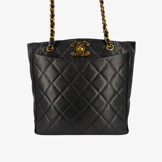 JAH234 - CHANEL Vintage Black Caviar Leather Big CC Turnlock Tote Bag