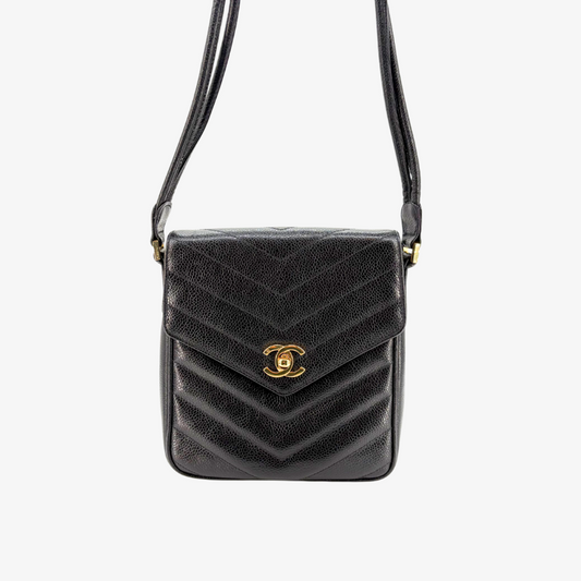 KA248 - CHANEL Vintage Black Caviar Leather Chevron Shoulder Bag