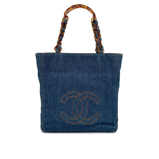 90272553 - CHANEL Vintage Blue Denim Tortoiseshell Tote Bag