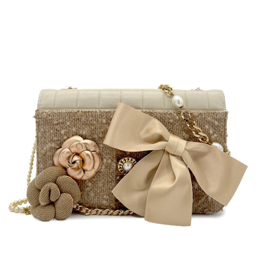 90271728 - CHANEL Vintage Beige Camellia Ribbon Fakepearl Flap Bag