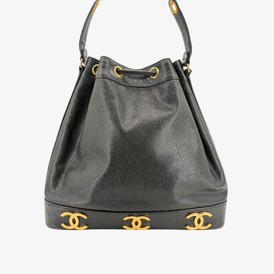 CS016 - CHANEL Vintage Black Caviar Leather Gold Ball Bucket Bag