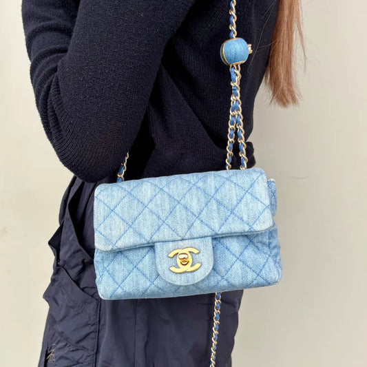 C627 - CHANEL Blue Denim 17cm Flap Bag (Gold Ball)
