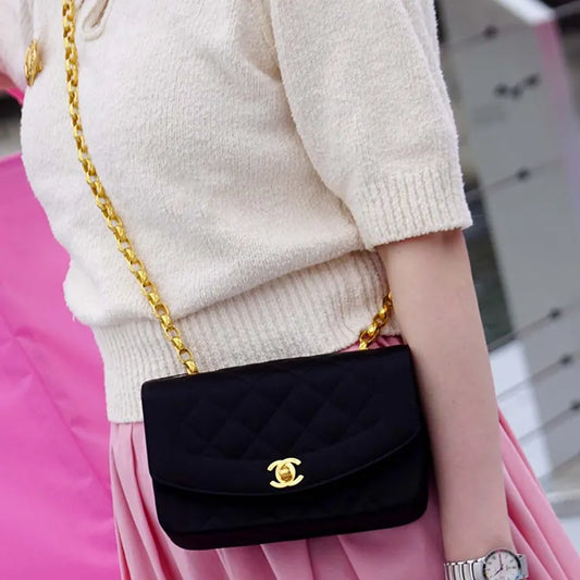 js074-chanel-vintage-black-satin-gold-chain-19cm-diana-flap-bag