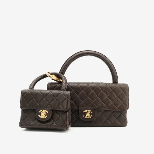 c142-chanel-vintage-brown-lambskin-qulited-handle-bag-set