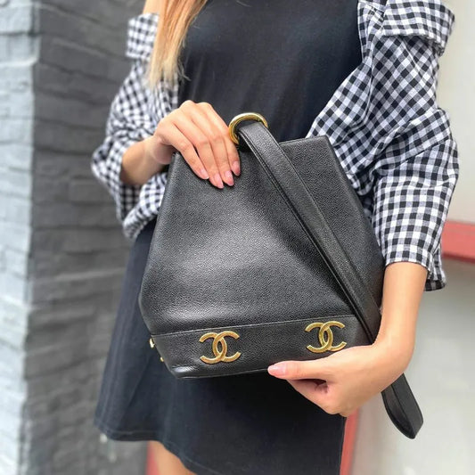 jt424-chanel-vintage-black-caviar-leather-hexagon-gold-logo-shoulder-bag