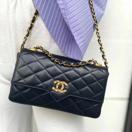 jt186-chanel-vintage-black-lambskin-crystal-embellished-pointed-flap-bag