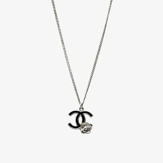 RC650 - CHANEL Vintage CC Logo With Noir Camellia Silver Necklace