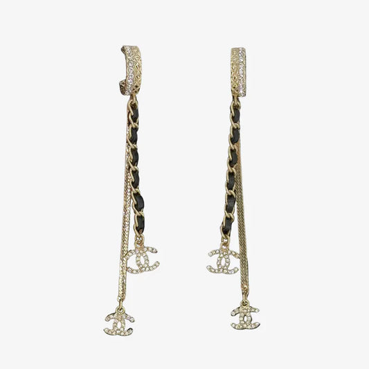C607 - CHANEL Pale Gold Crystal Chain CC Long Drop Earrings