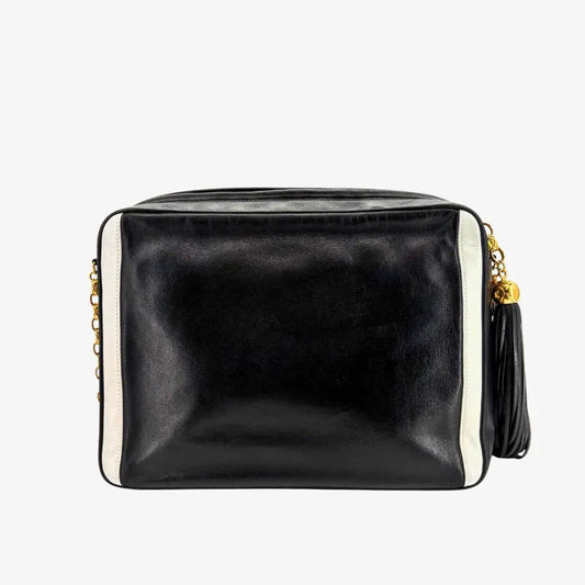 JZ876 - CHANEL Vintage White & Black Lambskin Gold Chain Camera Bag