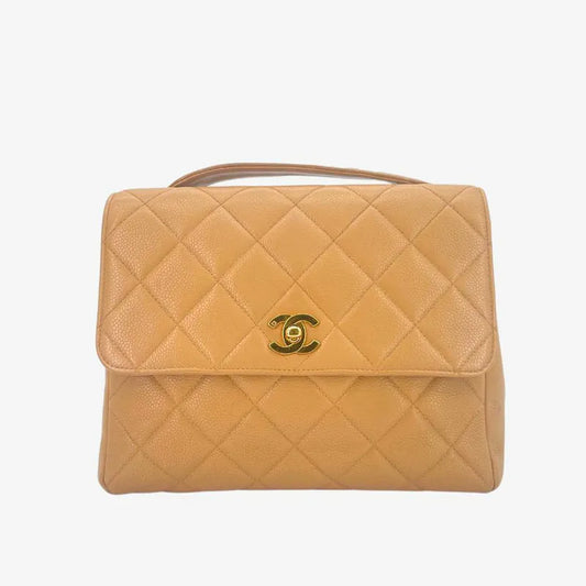 JAH198 - CHANEL Vintage Beige Caviar Leather Quilted Flap Bag