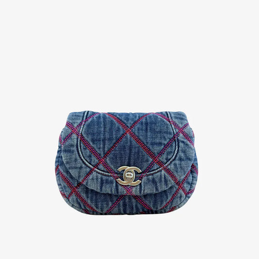 C591 - CHANEL Blue Denim Half Moon Flap Bag