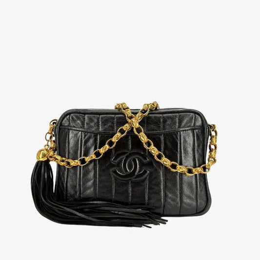 JZ554 - CHANEL Vintage Black Lambskin Tassels Gold Chain Camera Bag