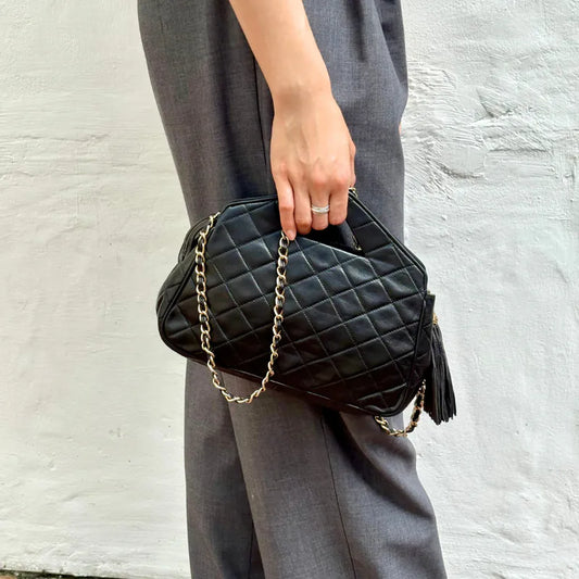 RC774 - CHANEL Vintage Black Lambskin Quilted Shoulder Bag