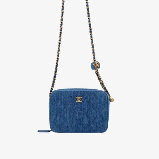 C589 - CHANEL Blue Denim Camera Bag (Gold Ball) - Lovintage