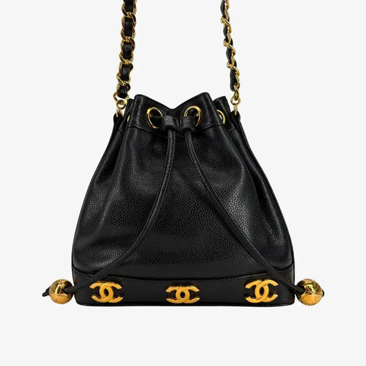 JW675 - CHANEL Vintage Black Caviar Leather Golden Ball Bucket Bag