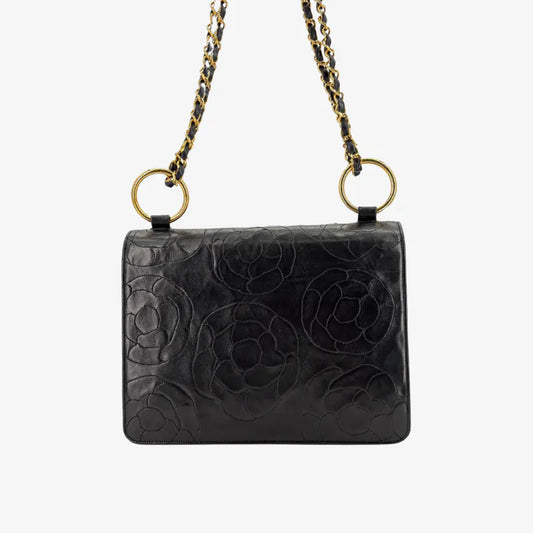 JW396 - CHANEL Vintage Black Lambskin Camellia Flap Bag