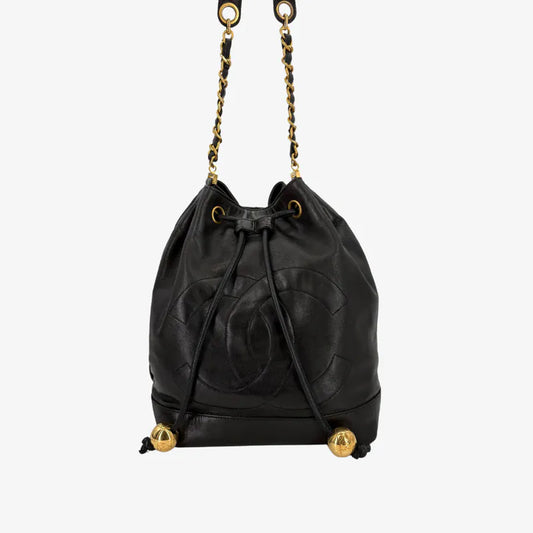 C614 - CHANEL Vintage Black Lambskin Gold Ball Bucket Bag