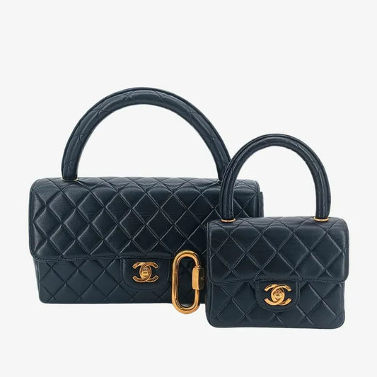 rb367-chanel-vintage-black-lambskin-qulited-handle-bag-set