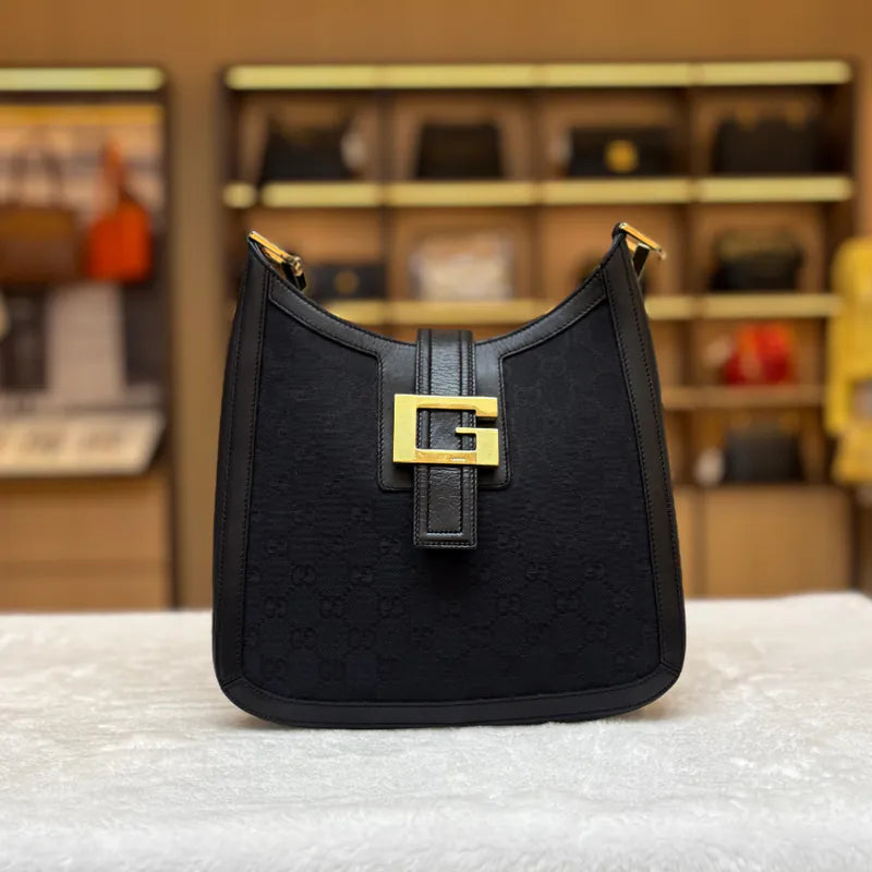 GUCCIショルダーバック JX775 - GUCCI Vintage Navy Canvas Shoulder Bag – Lovintage