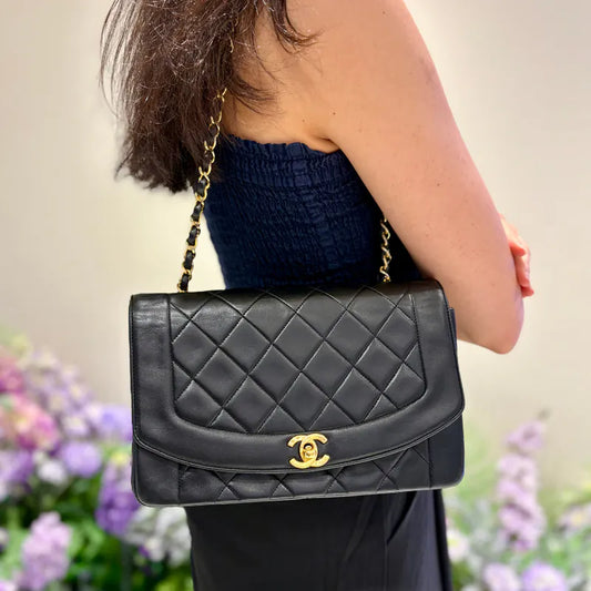 RE701 - CHANEL Vintage Black Lambskin 25cm Diana Flap Bag