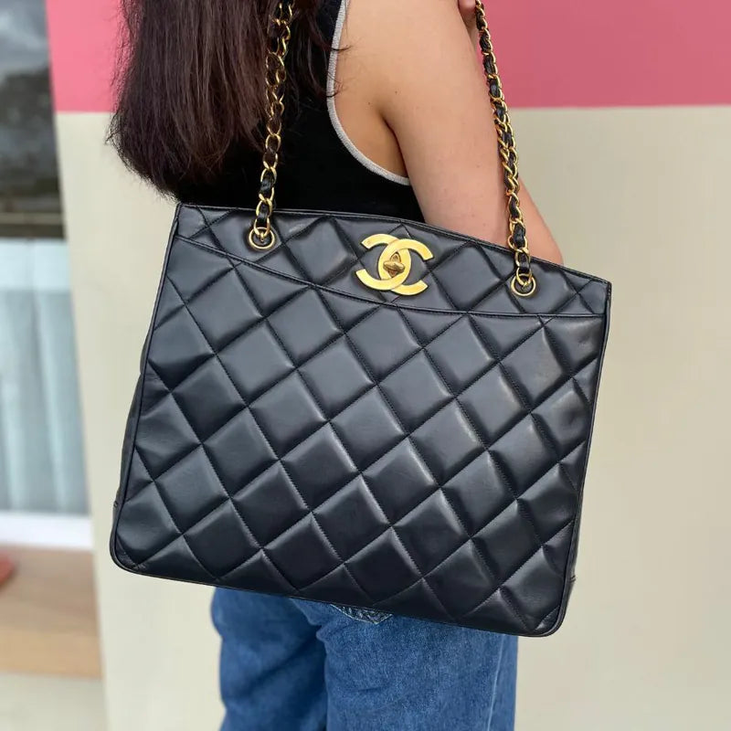 RA554 - CHANEL Vintage Black Lambskin Big CC Turnlock Tote Bag