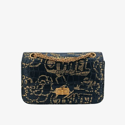 90213845-chanel-black-and-gold-graffiti-calfskin-crocodile-embossed-255-flap-bag