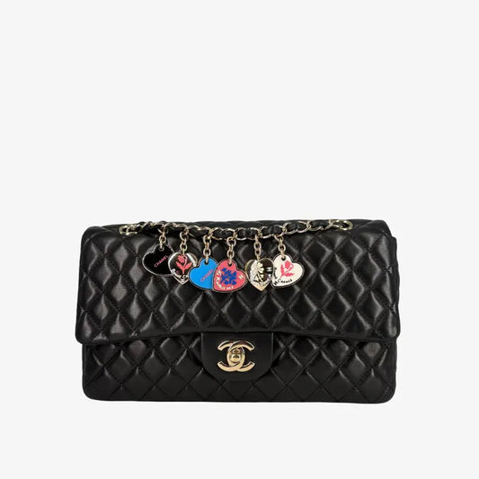C653 - CHANEL Vintage Black Lambskin Valentine Charms Flap Bag