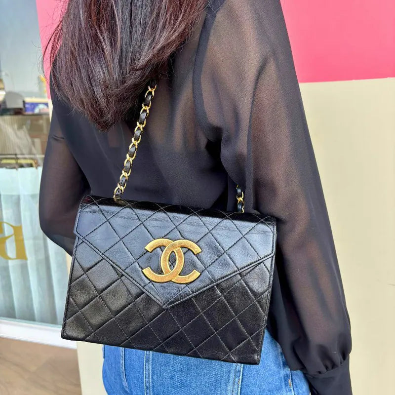 C558 - CHANEL Vintage Black Lambskin Big CC Pointed Flap Bag