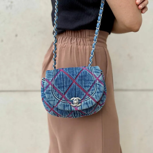C591 - CHANEL Blue Denim Half Moon Flap Bag