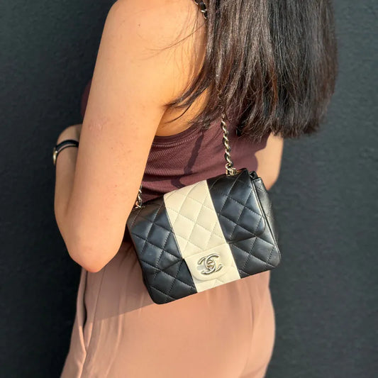 C665 - CHANEL Black White Lambskin Mini Rectangular Flap Bag