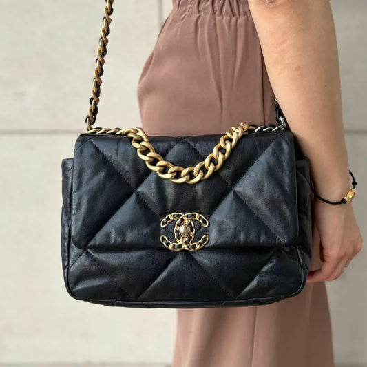 C590 - CHANEL Black Shiny Lambskin Quilted 19 Shoulder Bag