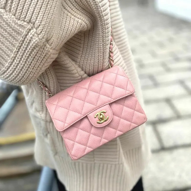 C451 - CHANEL Vintage Pink Caviar Leather 17cm Mini Square Flap