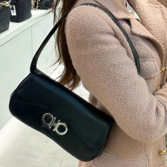 RC165 - SALVATORE FERRAGAMO Vintage Black Box Leather Shoulder Bag