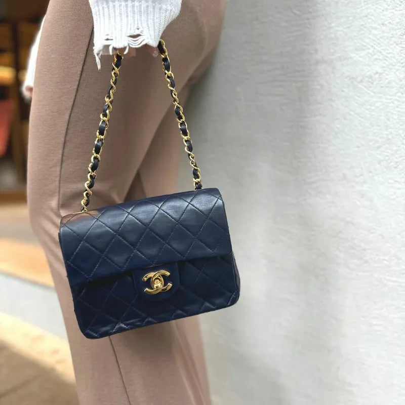 JT758 - CHANEL Vintage Navy Lambskin 17cm Mini Square Flap Bag