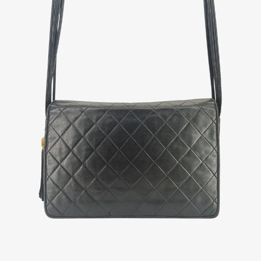 JZ744 - CHANEL Vintage Black Lambskin Quilted Full Flap Bag