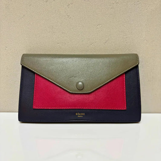 ja883-celine-vintage-black-burgundy-grey-caviar-leather-long-flap-wallet