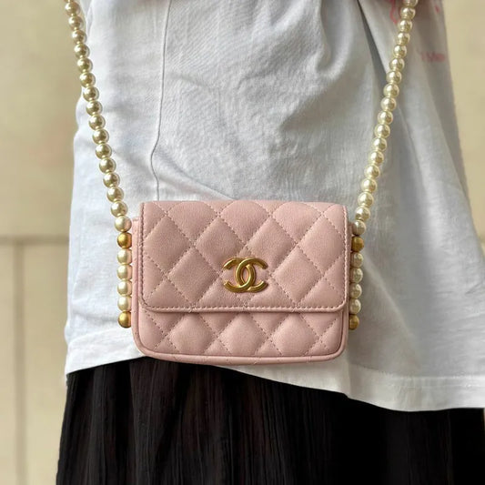 C586 - CHANEL Pink Calfskin Imitation Pearl Flap Card Holder With Chain