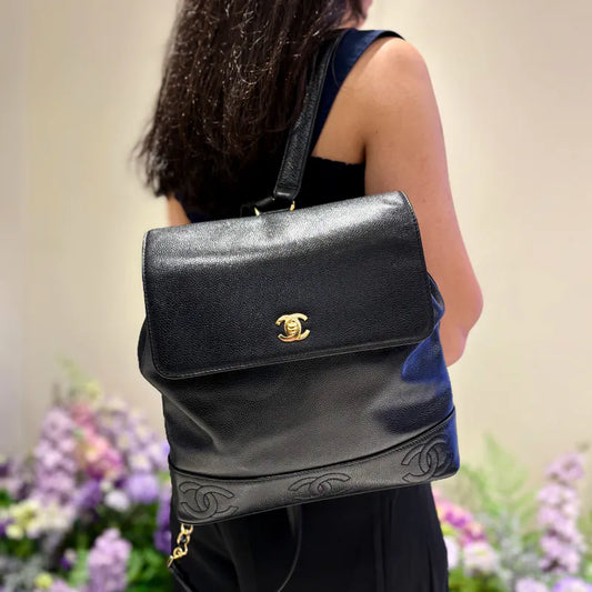 JAH205 - CHANEL Vintage Black Caviar Leather Flap Backpack