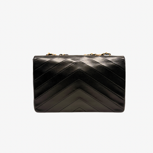 JAH235 - Chanel Vintage Black Lambskin Chevron CC Clasp Flap Bag