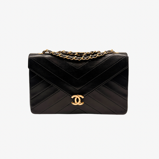 JAH235 - Chanel Vintage Black Lambskin Chevron CC Clasp Flap Bag