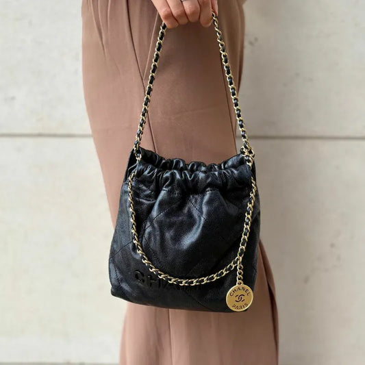 C587 - CHANEL So Black Caviar Leather Quilted 22 Mini Shoulder Bag