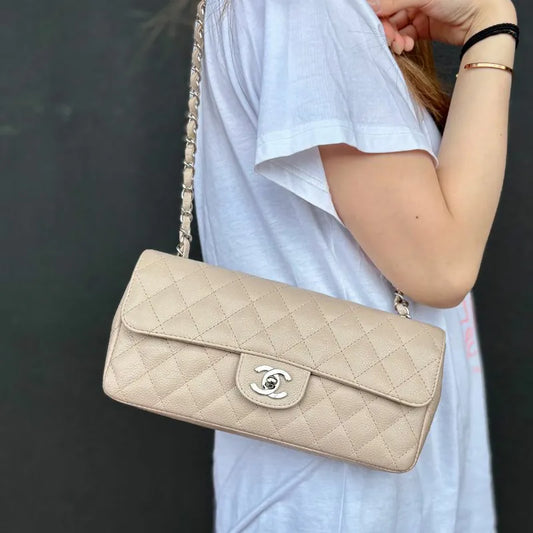 C602 - CHANEL Beige Caviar Leather East West Shoulder Bag