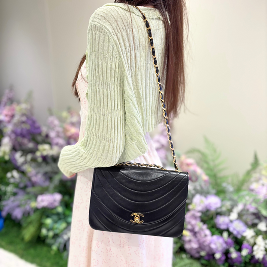 CS004 - CHANEL Vintage Black Lambskin Half Moon Wave Flap Bag