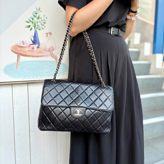 CS028 - CHANEL Vintage Black Lambskin Double Side Jumbo Flap Bag