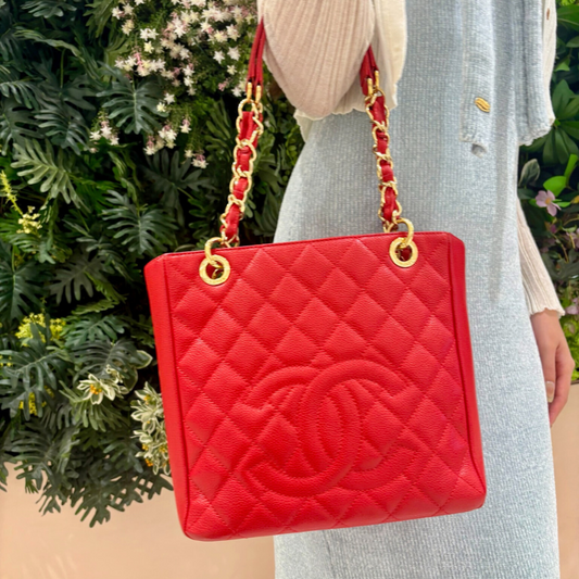 JAH232 - CHANEL Vintage Red Caviar Leather Embossed Logo PST Tote Bag